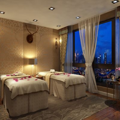 SPA会所，桑拿，按摩床，窗帘