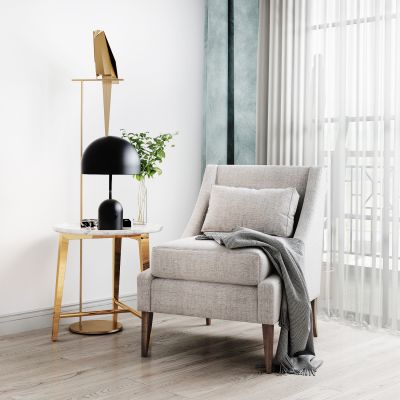 北欧单人沙发圆几台灯摆件组合