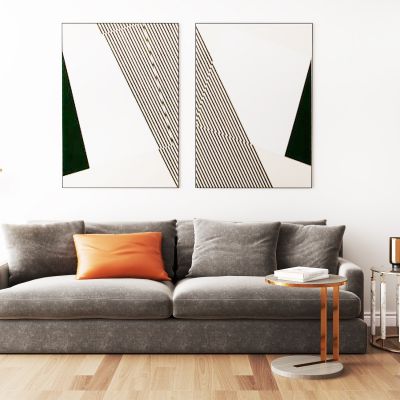 现代双人沙发圆几挂画摆件组合