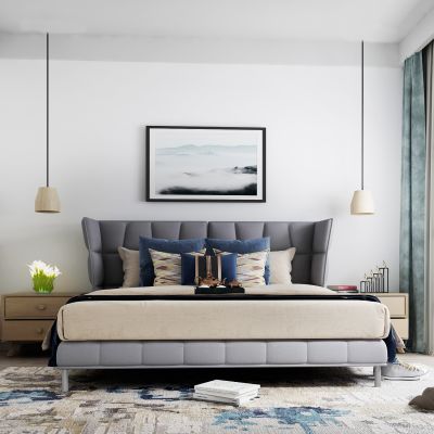 北欧双人床床头柜吊灯摆件组合