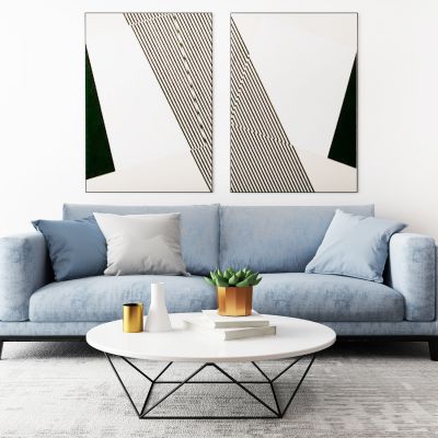 简欧篮色布艺双人沙发茶几组合