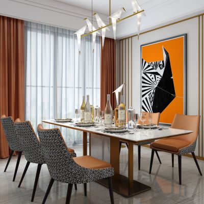 餐厅，餐桌，挂画，窗帘