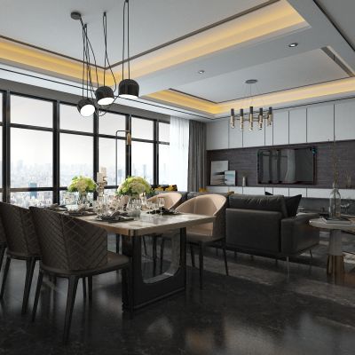 客厅，餐厅，组合沙发，电视柜，电视墙