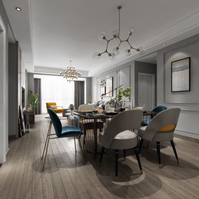 现代客厅餐厅沙发餐桌电视柜装饰画吊灯