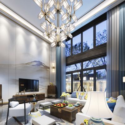 新中式奢华别墅客厅餐厅