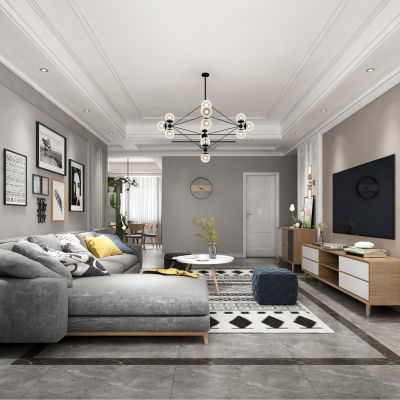 现代客厅餐厅沙发餐桌电视柜装饰画吊灯