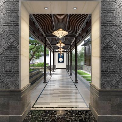 中式庭院长廊 中式户外构建 长廊