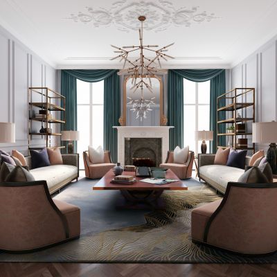 美式别墅客厅 美式客厅 多人沙发