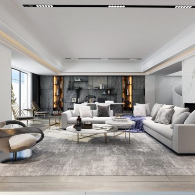 现代别墅客厅餐厅书房