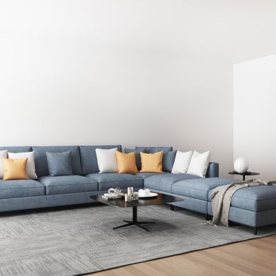 现代多人蓝色布艺转角沙发
