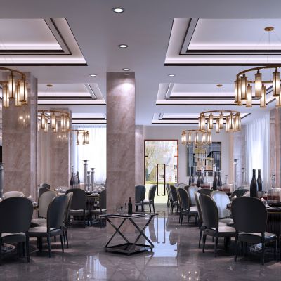 新中式餐厅包厢  餐桌椅  落地灯  墙饰  吊灯 