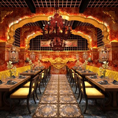 工业风欧式餐厅 餐饮店卡座 餐桌椅  吊灯  墙饰  墙面造型 