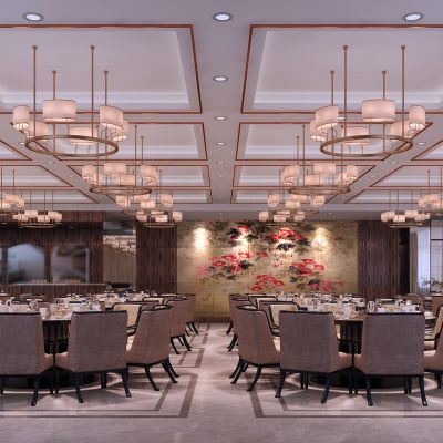 新中式餐厅包厢  餐桌椅  落地灯  墙饰  吊灯 