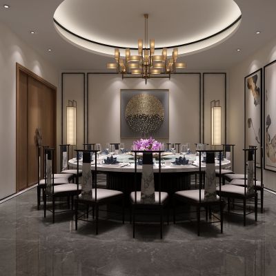 新中式餐厅包厢  餐桌椅  落地灯  墙饰  吊灯 