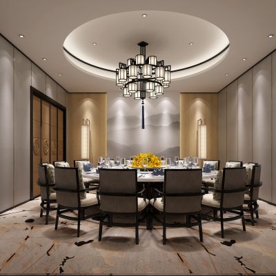 新中式餐厅包厢  餐桌椅  落地灯  墙饰  吊灯 