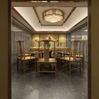 新中式餐饮店   餐厅门头   餐桌椅  门头 包厢  收银台 