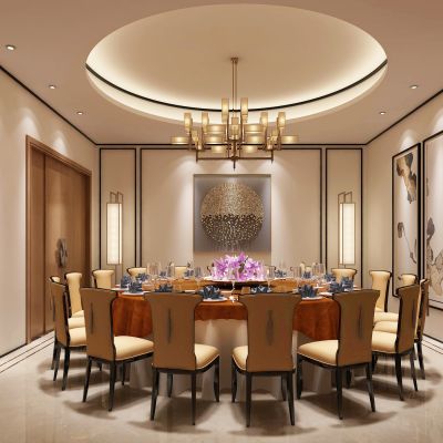 新中式餐厅包厢  餐桌椅  落地灯  墙饰  吊灯 