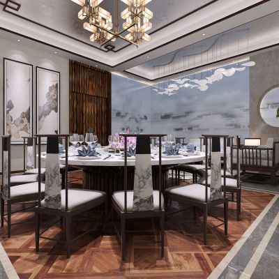 新中式餐厅包厢  餐桌椅  落地灯  墙饰  吊灯 