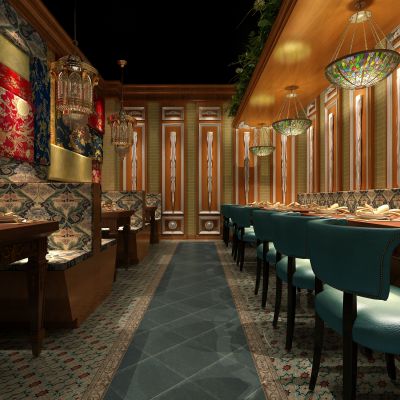 工业风欧式餐厅过道  用餐区   卡座 餐桌椅 吊灯 绿植