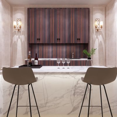 现代橱柜  大理石水吧台  吧椅  壁灯 