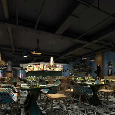 工业风餐厅 餐饮店 餐桌椅  吊灯 