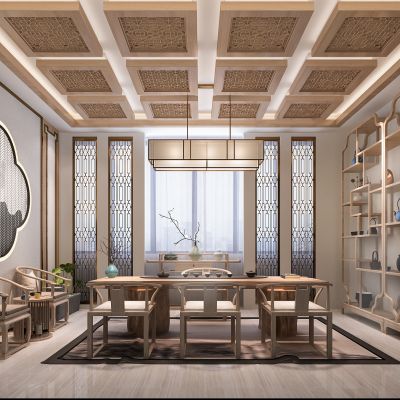 新中式茶室  茶具 桌椅  吊灯  摆件 