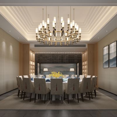 新中式餐厅包厢  餐桌椅  落地灯  墙饰  吊灯 