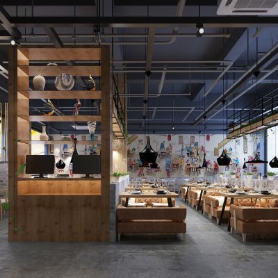 新中式饭店 餐厅  餐桌椅  餐边柜  吊灯  