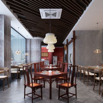 新中式餐饮店  餐厅  餐桌椅 吊灯 绿植装饰  收银台