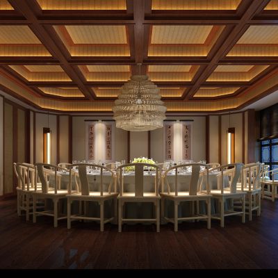 新中式餐厅包厢  餐桌椅  落地灯  墙饰  吊灯 