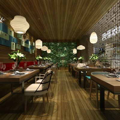 工业餐饮店  餐厅  门头 餐桌椅 绿植  吊灯 