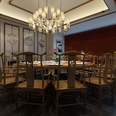 新中式餐厅包厢  餐桌椅  落地灯  墙饰  吊灯 