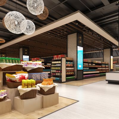 现代超市 商店 货架 零食  冰柜