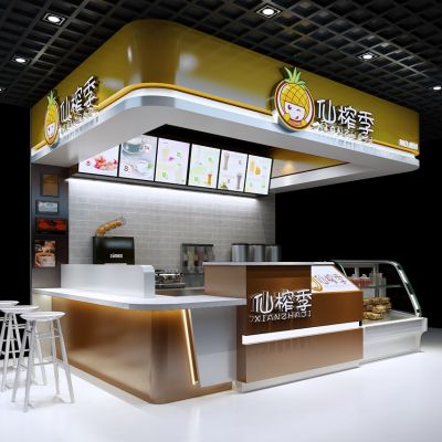 现代简约奶茶店  操作台  水吧台  冷藏柜 吧椅 