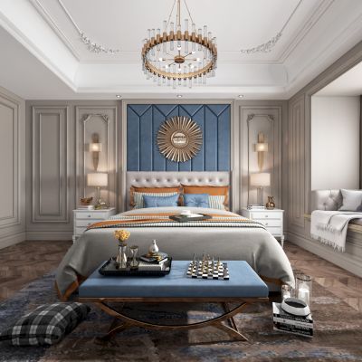 后现代轻奢卧室 床 电视柜 吊灯 软包2014VR3.2