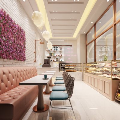 现代甜品店  面包店  卡座 甜品展柜现代甜品店 面包店冷藏柜  收银台 墙饰