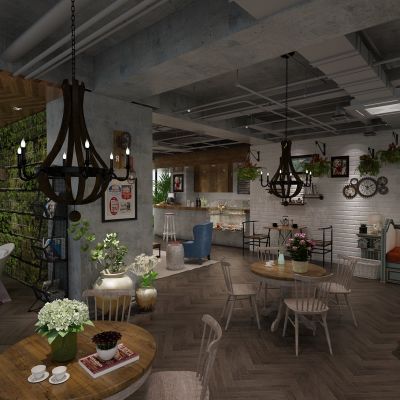 工业风甜品店  奶茶店 咖啡店   桌椅  沙发 吊灯 水吧台 