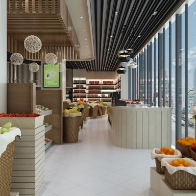 现代水果店  便利店   水果 收纳篮  收银台  冷藏柜