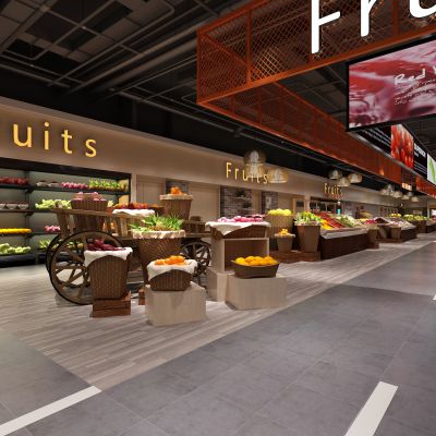 现代水果店  便利店   水果 货架 吊灯 门头 收银台
