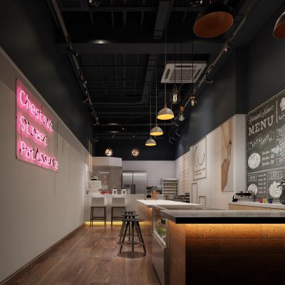 现代工业风奶茶店  操作台 水吧台 吊灯 