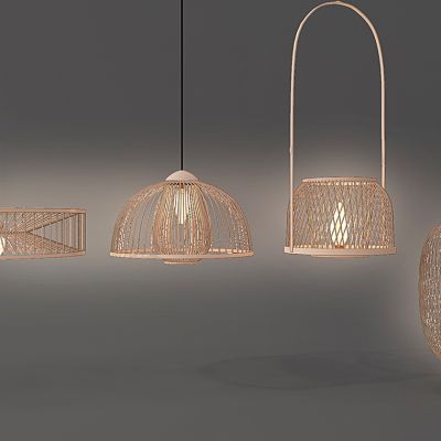 新中式东南亚竹丝吊灯台灯组合