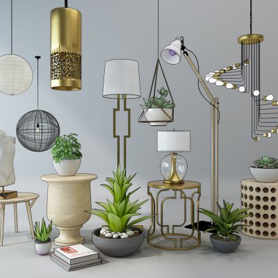 现代吊灯落地灯植物盆栽茶几组合