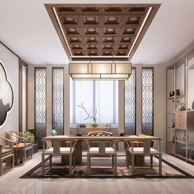 新中式茶室 单椅 茶几  博古架 茶具  墙饰 屏风隔断