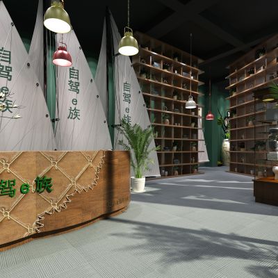 现代4s店大厅  前台  前台 置物架  吊灯  摆件 