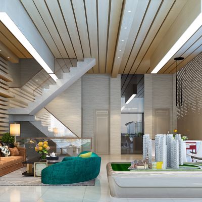 现代售楼处  大厅  接待厅  沙发茶几  建筑   水吧台 