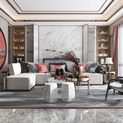 新中式客厅沙发茶几背景墙组合