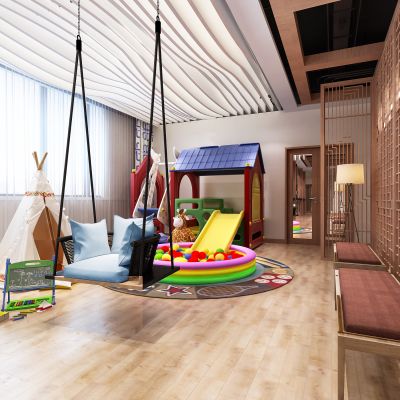 新中式瑜伽馆大厅   前台  摆件 吊坠  儿童休闲区