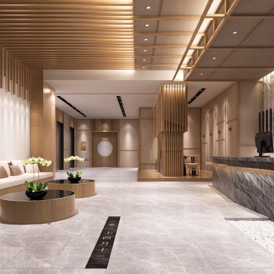 新中式公司接待大厅  前台   沙发茶几  墙面装饰 大理石前台 