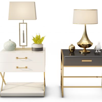 现代金属床头柜台灯摆件组合