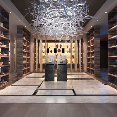 新中式陶瓷馆  瓷器店   瓷器  货架  顶面造型 